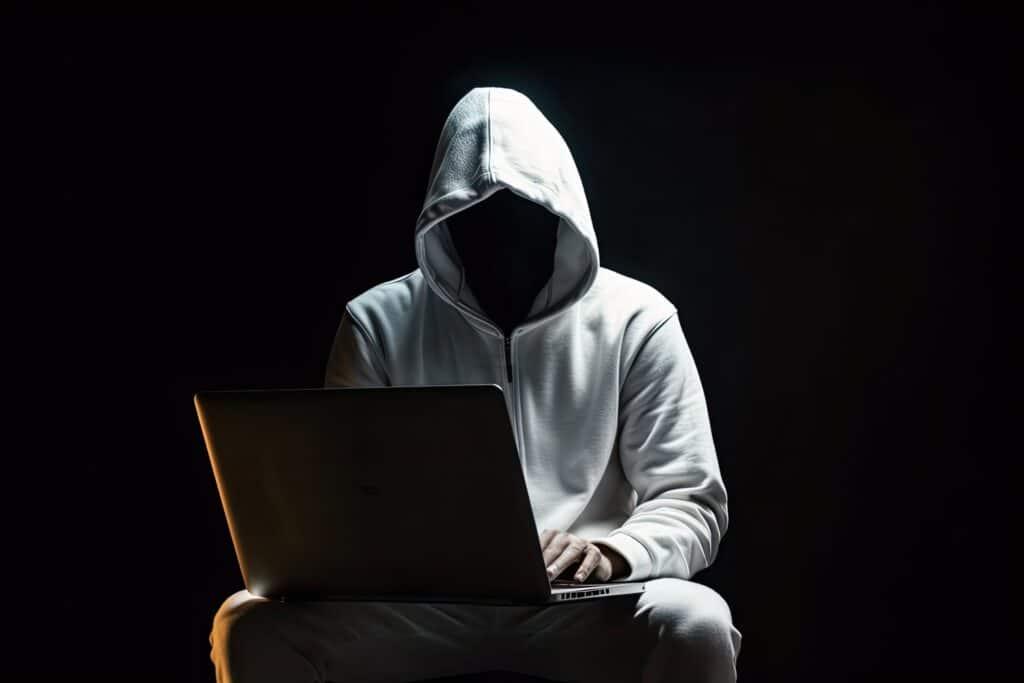 creepy hooded figure on computer with face not visible