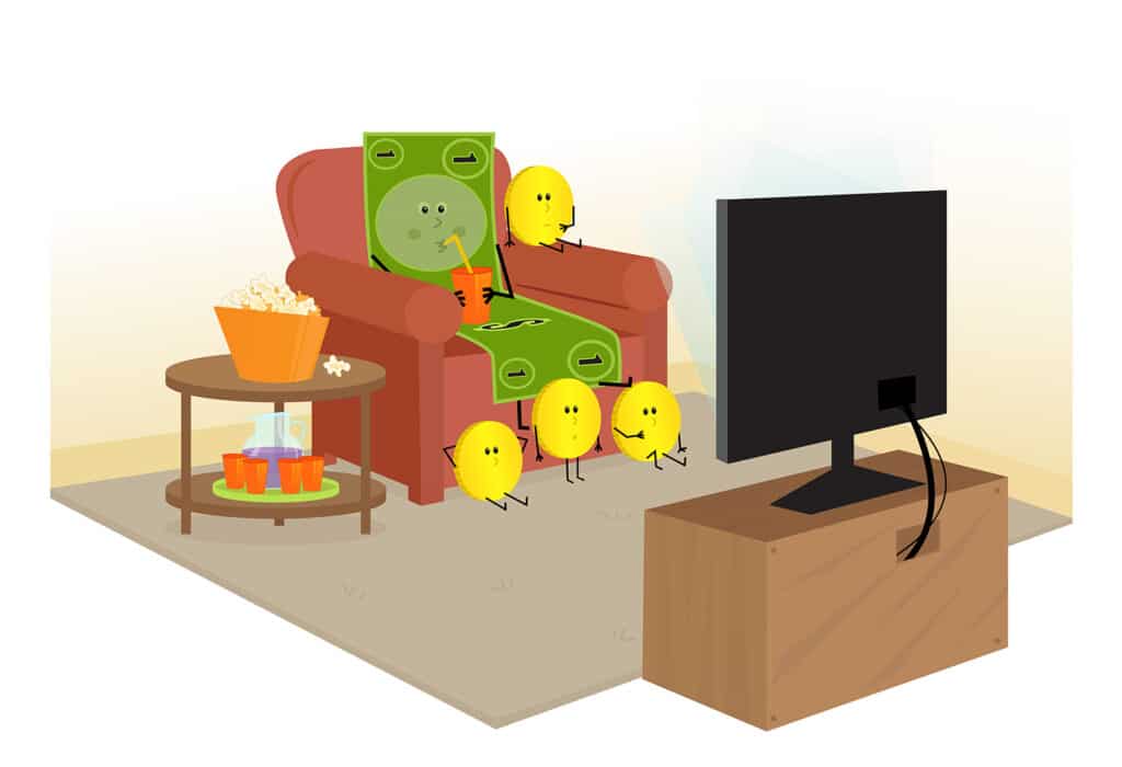 cartoon dollar and coins watching tv