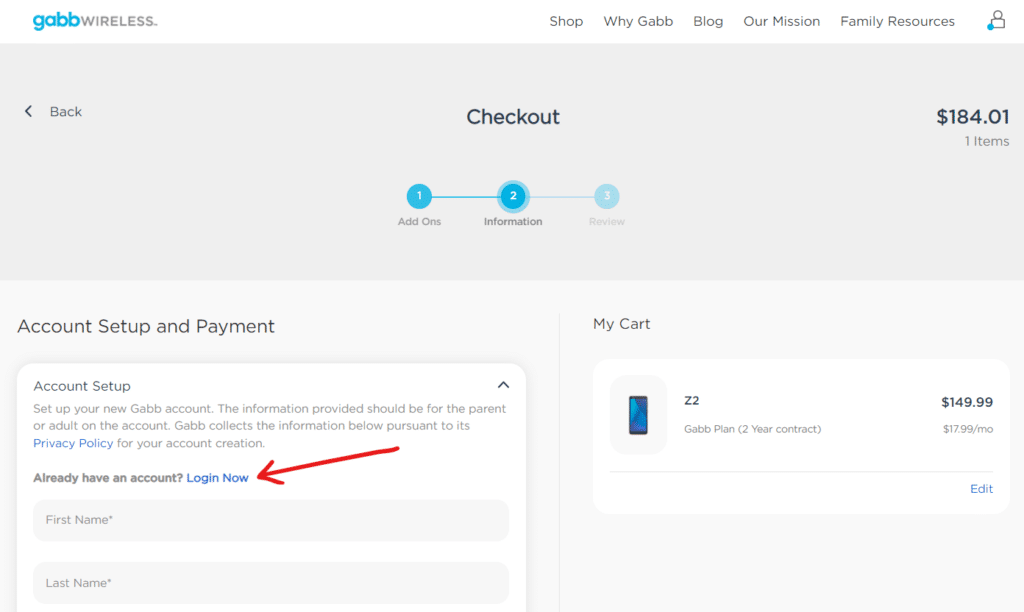 Gabb Wireless Login Now button on Device Checkout Screen for existing Gabb customers