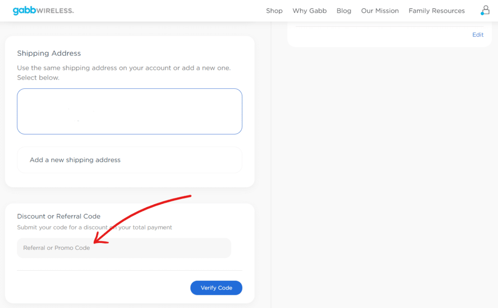 Gabb Wireless Discount or Referral Code field on Device Checkout Screen