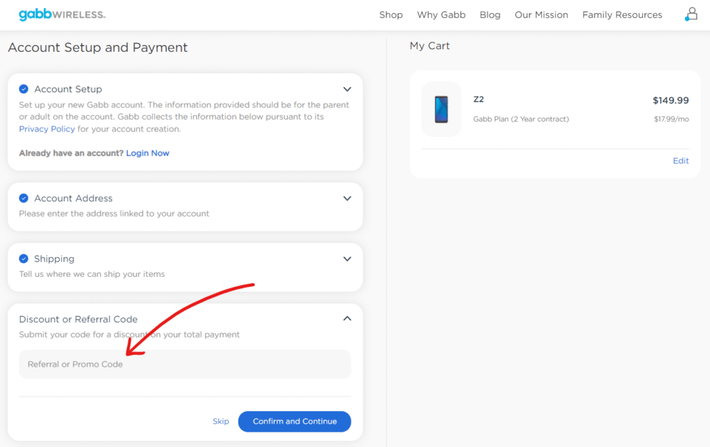 Gabb Wireless Discount or Referral Code field on Device Checkout Screen