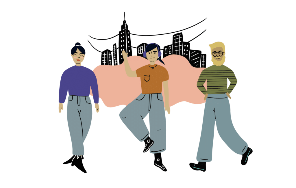 parents with teen daughter in city illustration